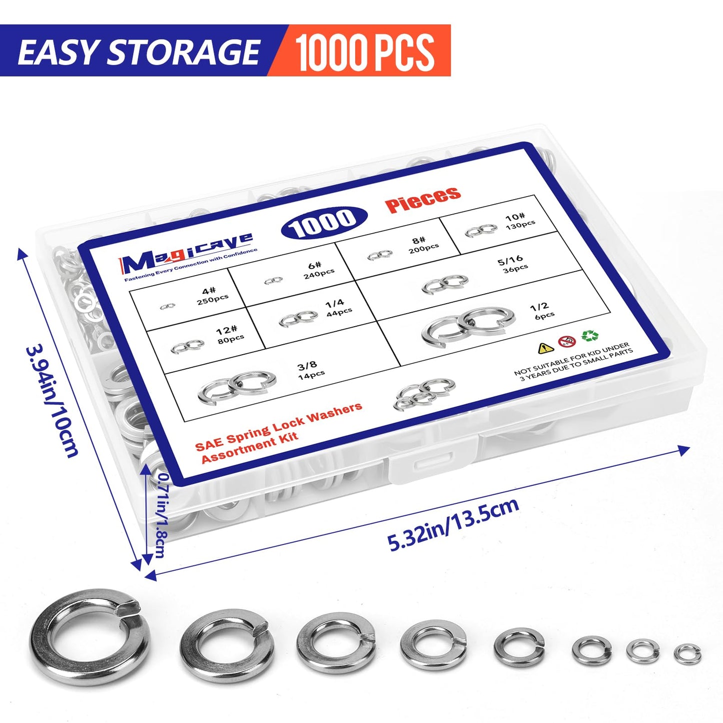 1000 Pcs Spring Lock Washers Assortment Kit – 9 SAE Sizes Split Lock Washers, 304 Stainless Steel Washers for Screws and Bolts (#4, #6, #8, #10, #12, 1/4", 5/16", 3/8", 1/2")