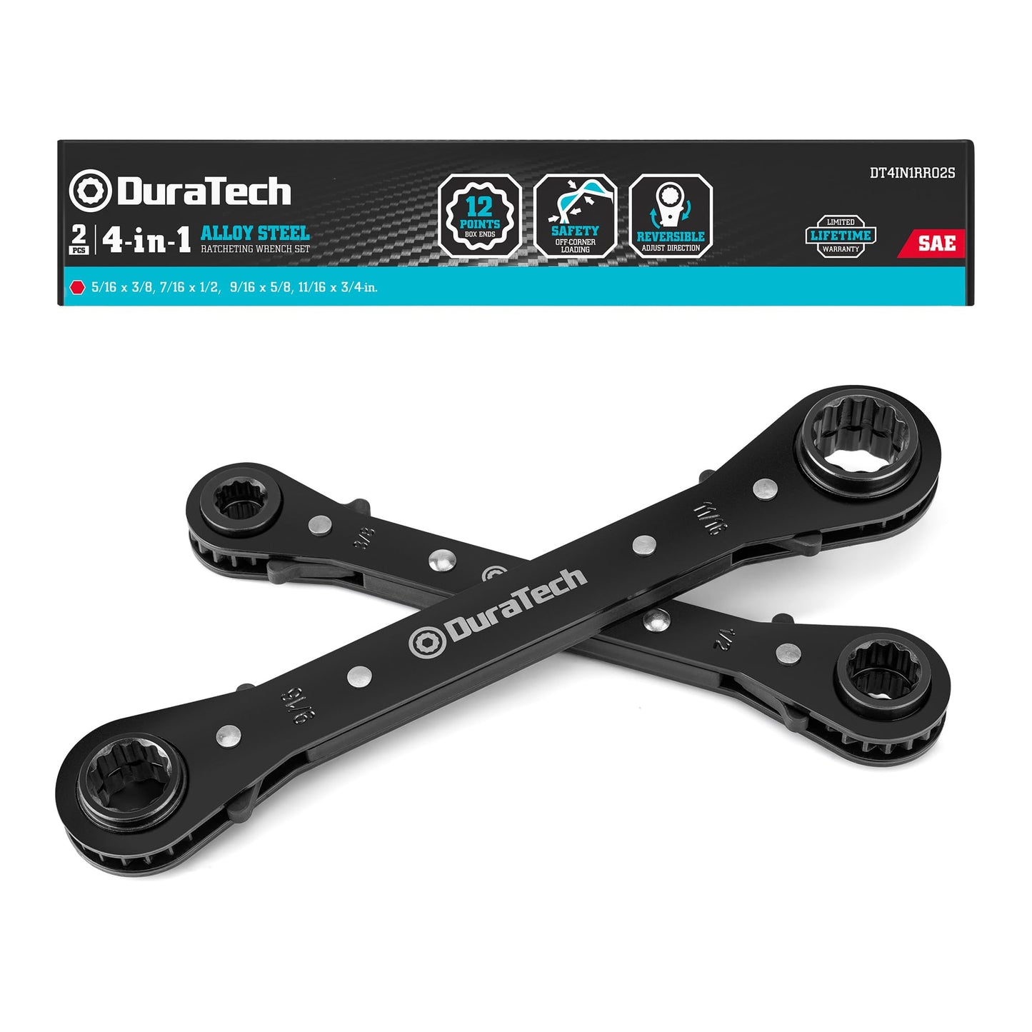 DURATECH 4-in-1 Reversible Ratcheting Wrench Set, Double Box End Wrench Set, 2-Piece, 5/16", 3/8", 7/16", 1/2", 9/16", 5/8", 11/16", 3/4", SAE