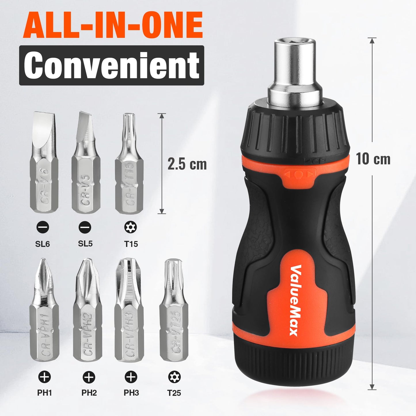 ValueMax 8-in-1 Stubby Ratcheting Screwdriver, Multi-bit Screwdriver, Quick-load Mechanism, Adjustable Magnetic Tool with Phillips, Slotted, Torx Screw Driver Bits and 1/4" Nut Driver