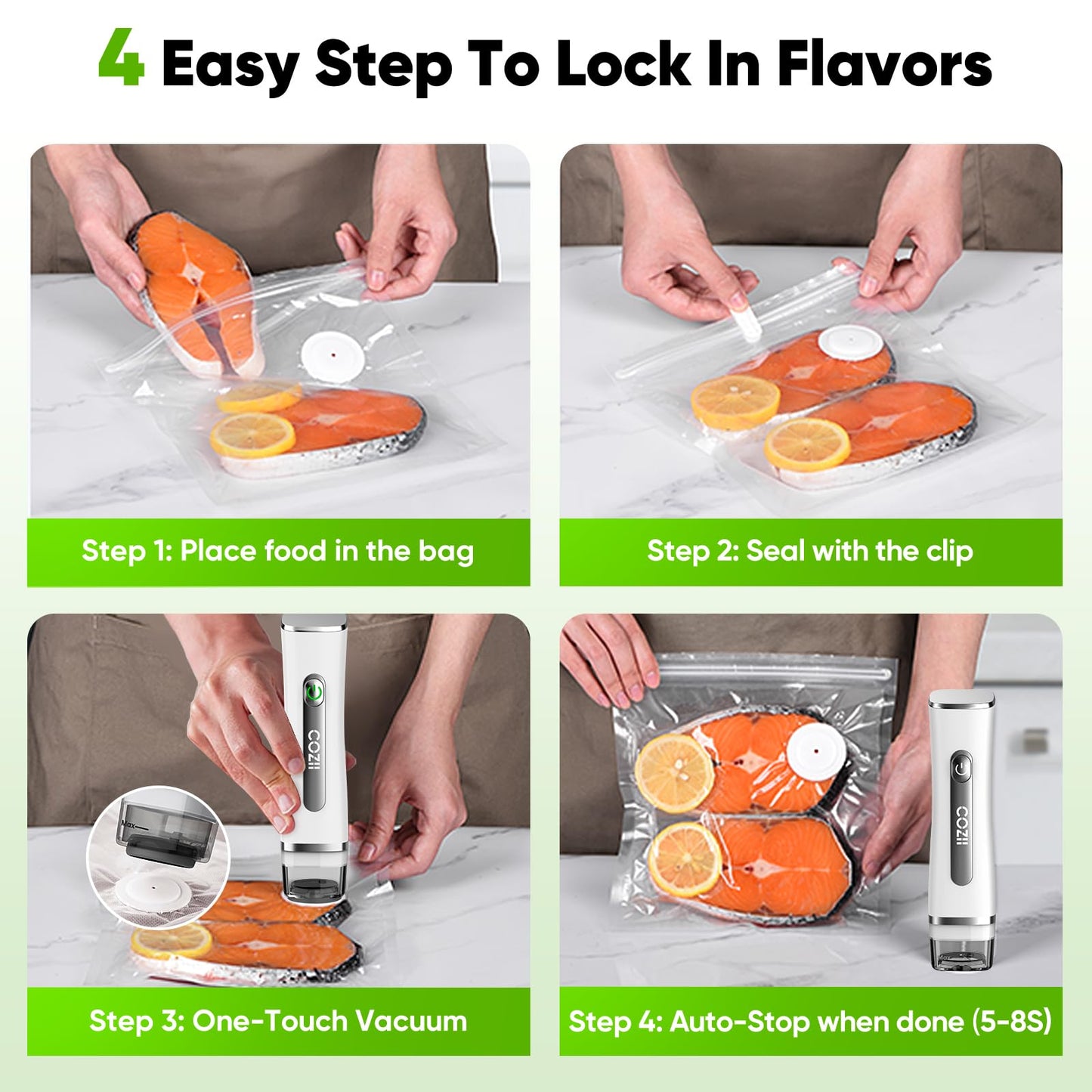 COZII Vacuum Sealer for Food, Powerful Handheld Vacuum Sealer with 30 Reusable Bags, Rechargeable Design with Visible Detachable Tank, Portable Food Saver for Kitchen Camping Travel and Meal Prep
