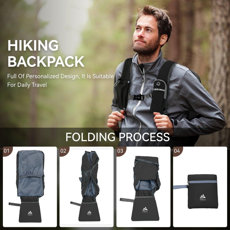 UtiaMiaoGonGo 15L Small Hiking Backpack for Men Women Lightweight Packable Backpack Foldable Casual Daypack for Camping Travel Outdoor, Black
