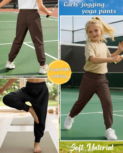 LessonZoo 2 Pack Girls' Joggers with Pockets Lightweight Workout Sweatpants High Waisted Casual Pants Soft Athletic Yoga Pant(11-12 Years,Black, Brown)