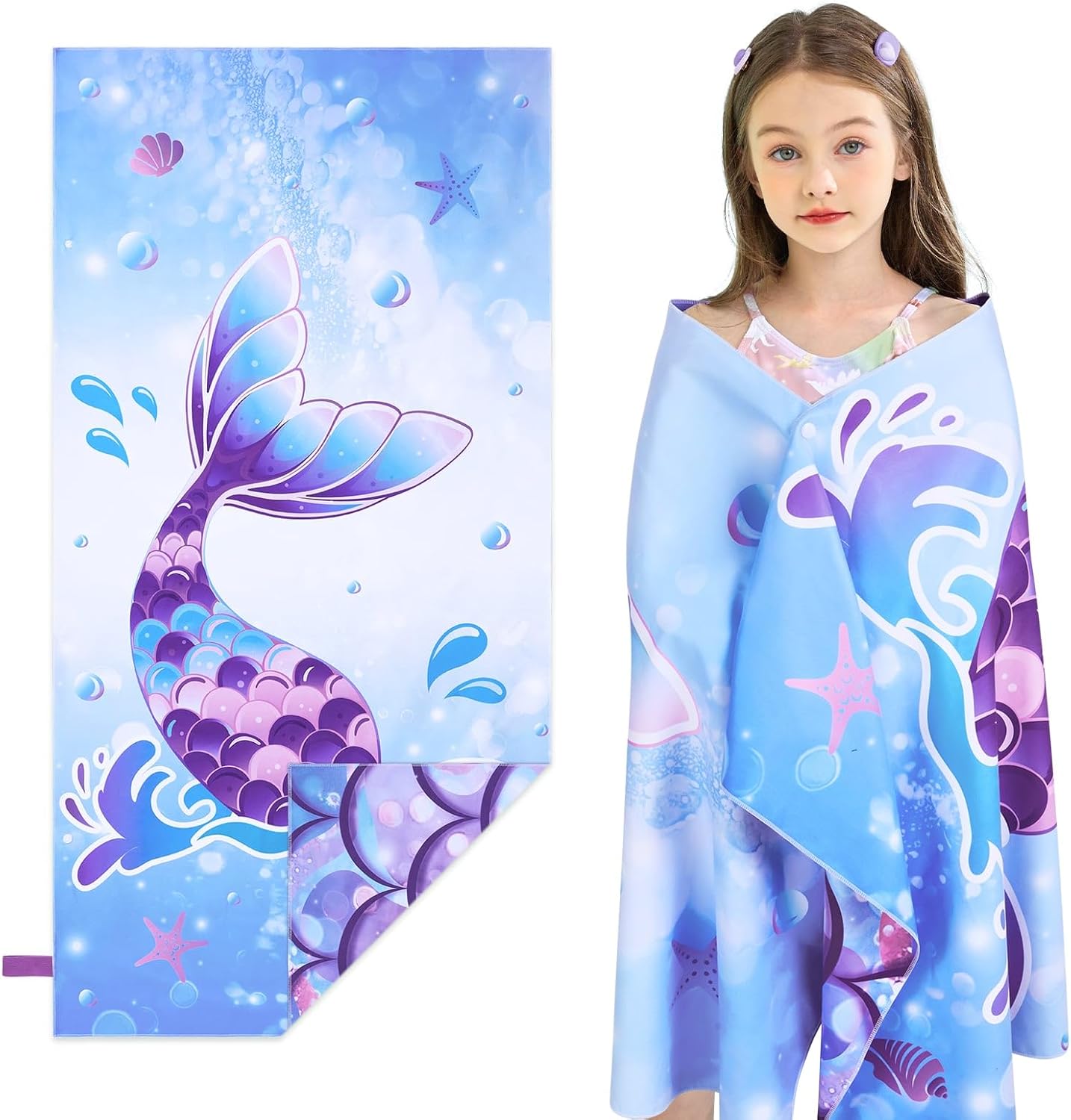 WERNNSAI Mermaid Kids Beach Towel - Double-Sided, Quick Dry, Ultra Absorbent | 30” x 60” Super Soft Swim Towel