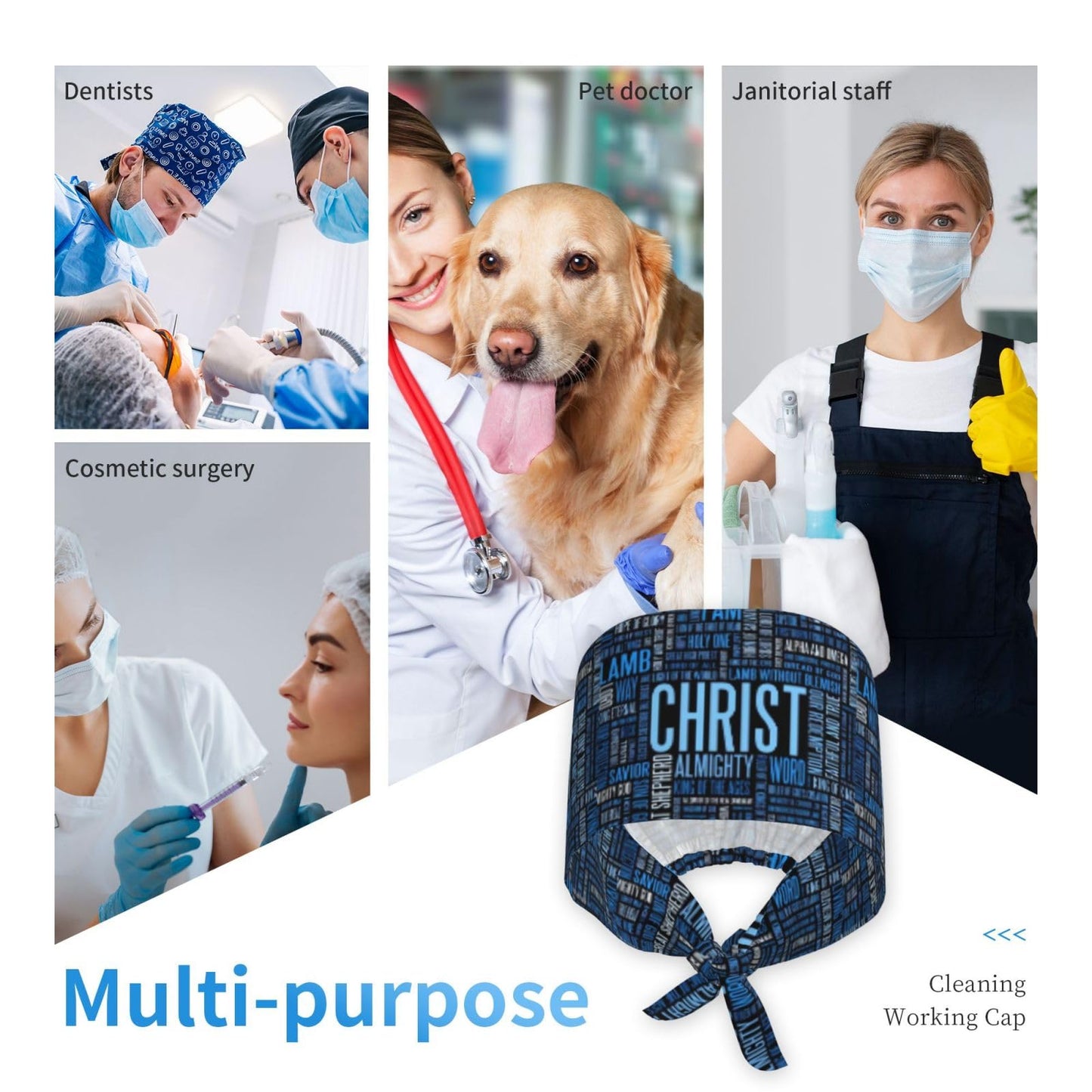 Christ Jesus Cross Working Cap Scrub Cap with Sweatband Adjustable Unisex Tie Back Hat Nursing Doctor Surgeon Cap for Women Men