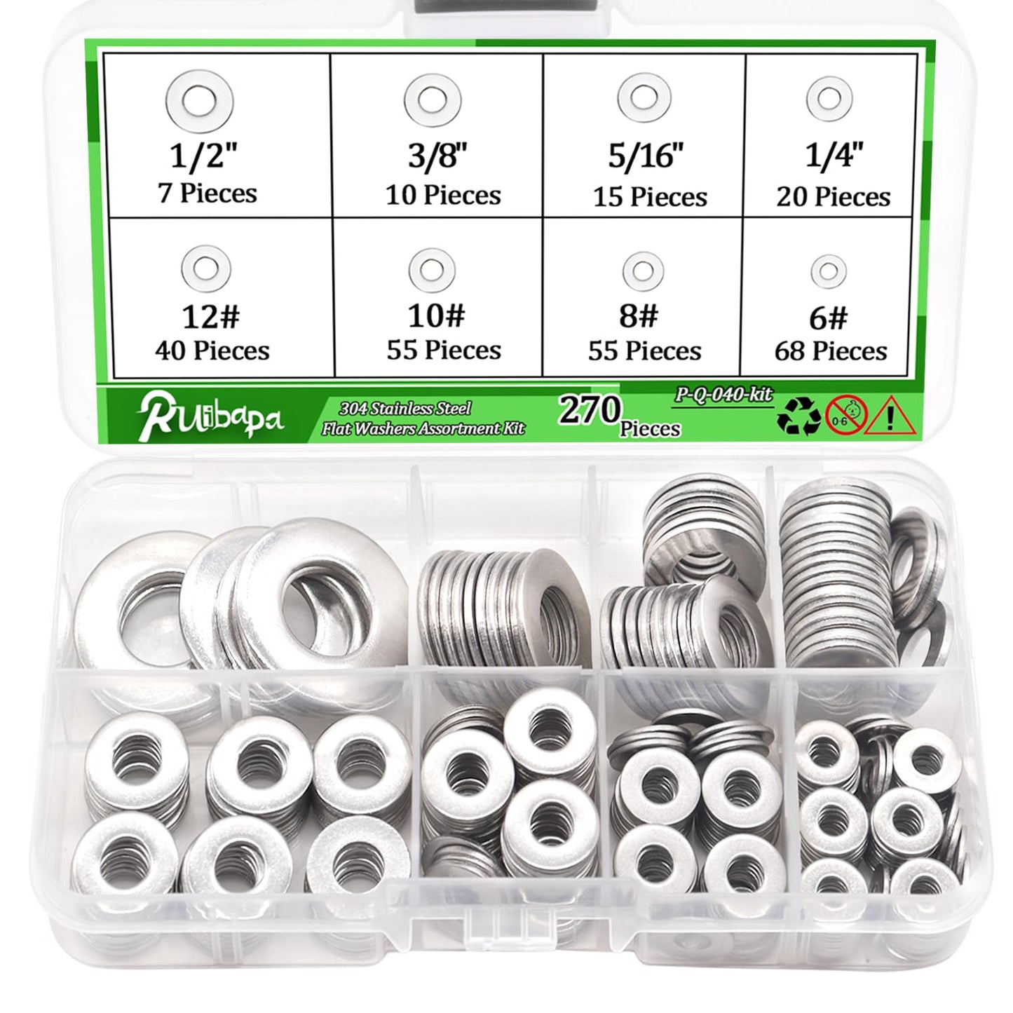 270 PCS 304 Stainless Steel Flat Washers Assortment Kit 8 Size-1/2 3/8 5/16 1/4 12# 10# 8# 6# 304 Stainless Steel Flat Washers for Screws Bolts