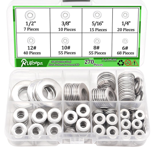 270 PCS 304 Stainless Steel Flat Washers Assortment Kit 8 Size-1/2 3/8 5/16 1/4 12# 10# 8# 6# 304 Stainless Steel Flat Washers for Screws Bolts