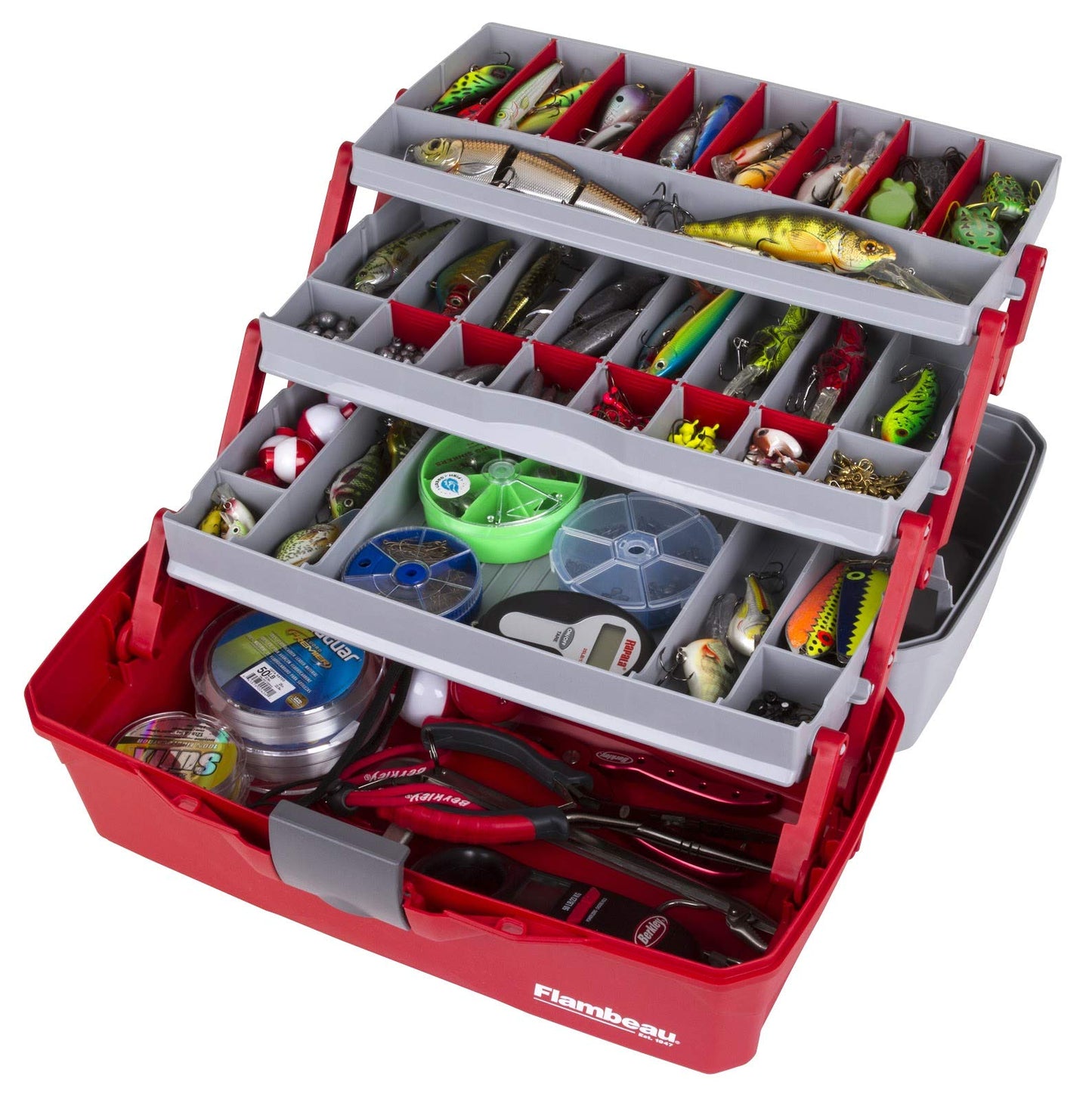Flambeau Outdoors 6383TB 3-Tray Tackle Box - Classic Fishing Lure Storage Organizer, Large Portable Tackle Box, 32 Tray Compartments, Red/Gray
