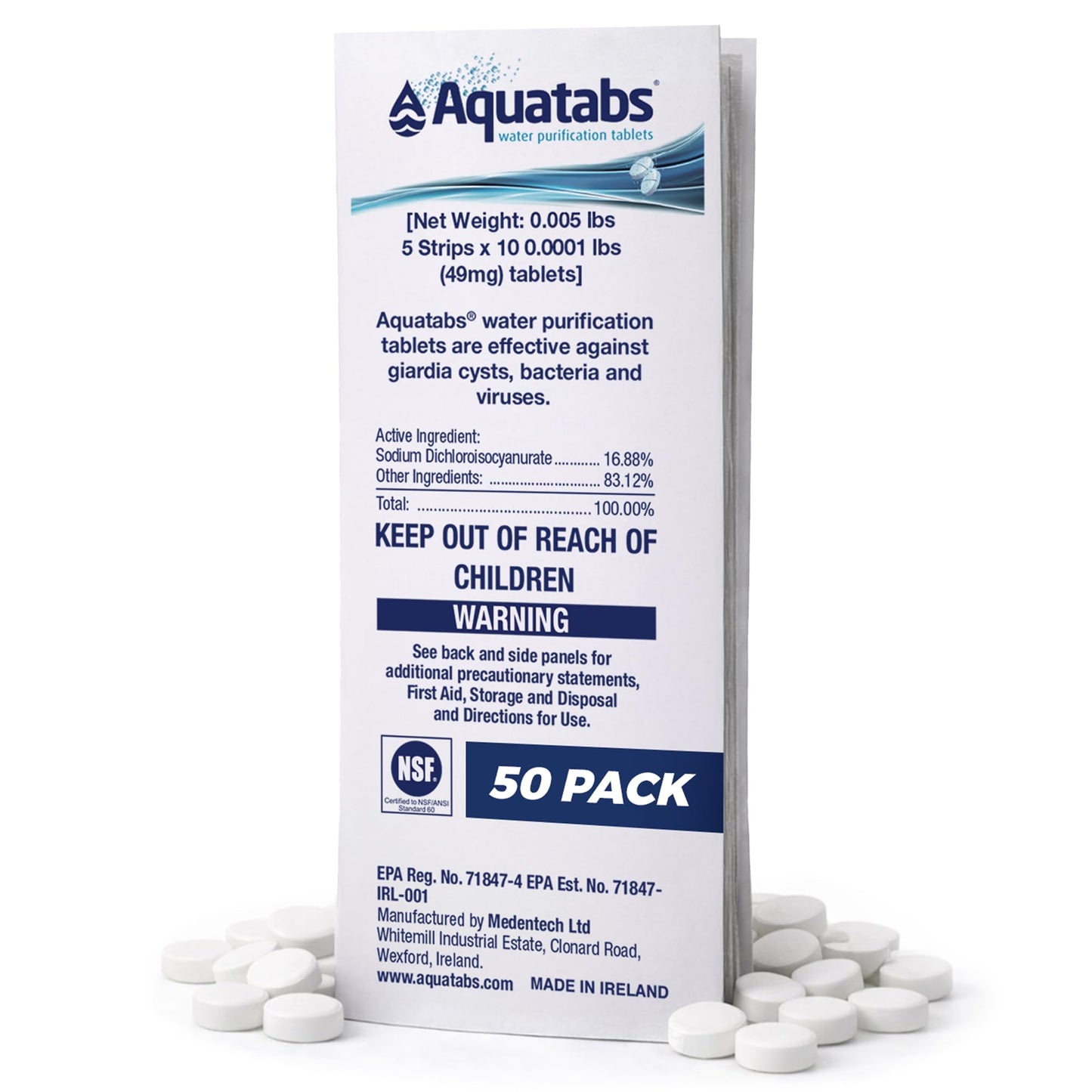 Aquatabs 49mg Water Purification Tablets (50 Pack). Water Filtration System for Hiking, Backpacking, Camping, Emergencies, Survival, and Home-Use. Easy to Use Treatment and Disinfection.