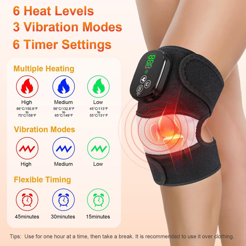 YUANBO Heated Knee Massager with 6 Timer, 3 in 1 Cordless Knee Heating Pad Brace Wrap for Elbow Shoulder Knee Relaxation with 3 Vibration & 6 Heating Modes