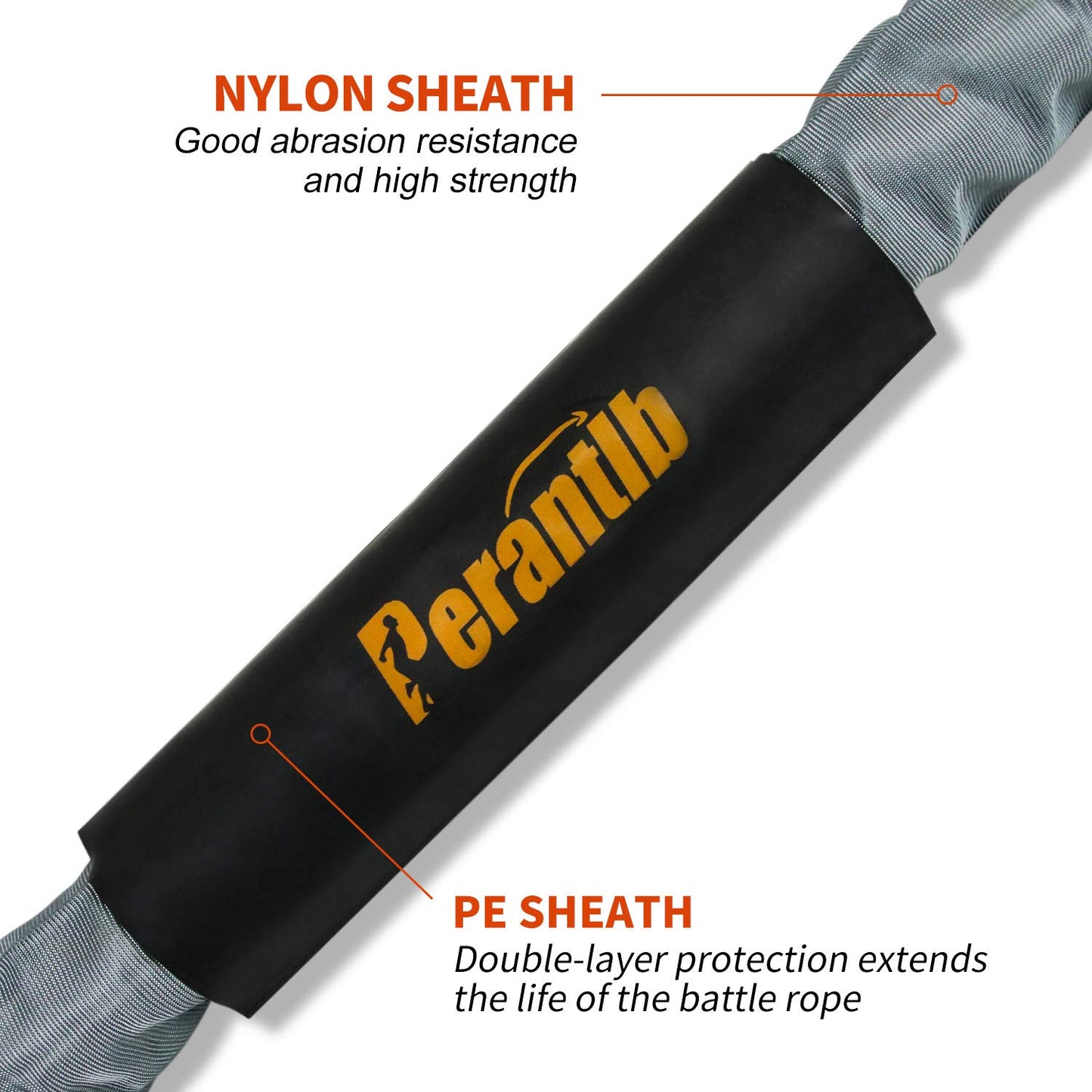 Perantlb Battle Rope with cloth sleeve -1.5/2 Inch Diameter 30' 40' 50' Lengths -Gym Muscle Toning Metabolic Workout Fitness, battle rope Anchor Strap Kit Included (1.5" x 30 ft Length)