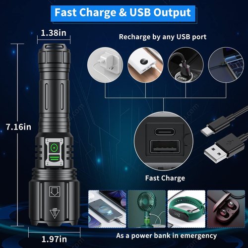 Gehavin Super Bright Rechargeable Flashlight 4200.000 High Lumens,Led Powerful Flashlights with 6 Modes,High Powered Flashlight with IP67 Waterproof,Tactical Emergency Flashlight (18.5, Watt Hours)