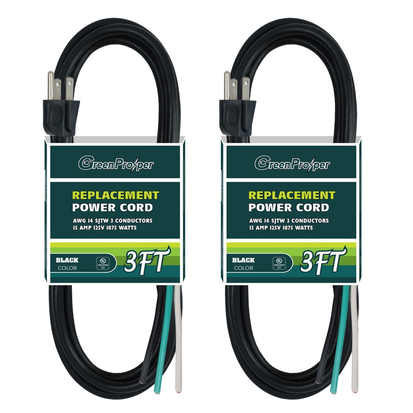 GreenProsper Industries Inc 3-Wire Appliance and Power Tool Cord, 3 ft, 14 AWG, 15A/125V AC, 1875w, Black, 2pack