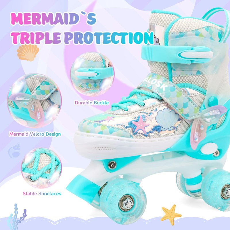 HALOSK Mermaid Roller Skates for Kids Girls Boys, 4 Size Adjustable Quad Skates with 8 Wheels Light up Fish Scale Design for Beginner Ages 3-12