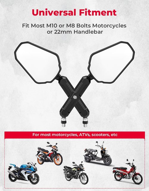 KEMIMOTO Universal Adventure Motorcycle Mirrors - Adjustable M8/M10 Bolt, 360° Convex, Foldable Design