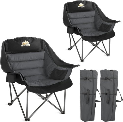 Colegence Oversized Camping Chairs - Heavy Duty Padded Lawn Chairs for Adults | Set of 2, 450LBS Support - Black & Grey