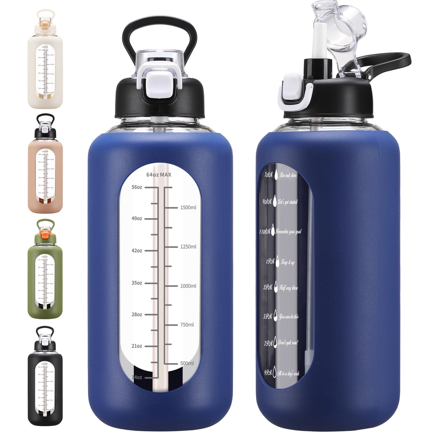 chunmo 64 oz Glass Water Bolttles with Straw Half Gallon Large Motivational Water Bottle with Time Marker Sports Water Bottles with Silicone Sleeve and Handle Lid Water Jug for Gym Workout