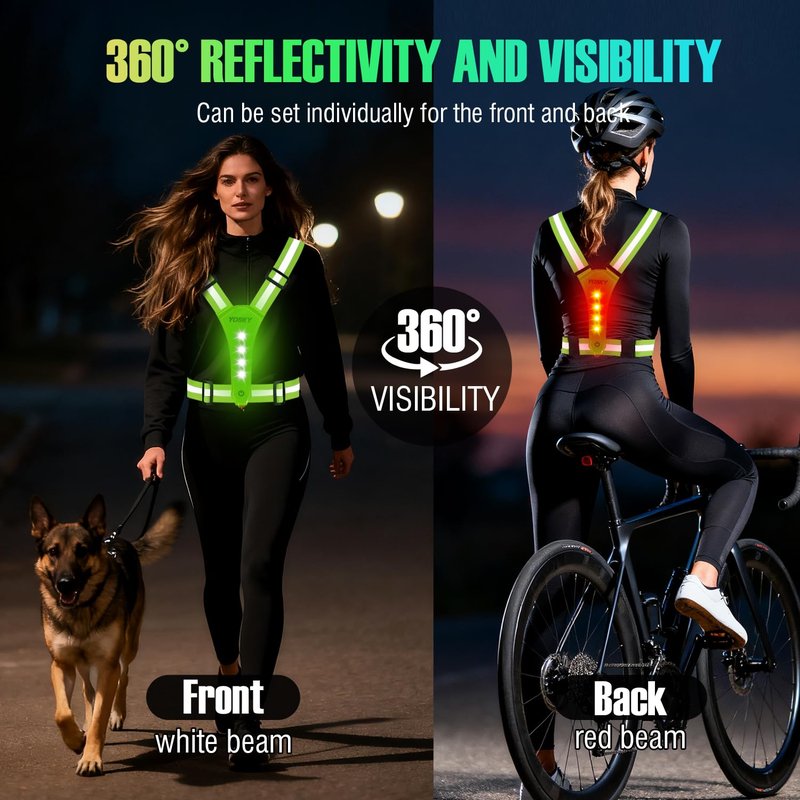 YOSKY 8 LED Running Reflective Gear Rechargeable Adjustable Running Lights Vest Safety Night Reflective Vest for Women Men Kids