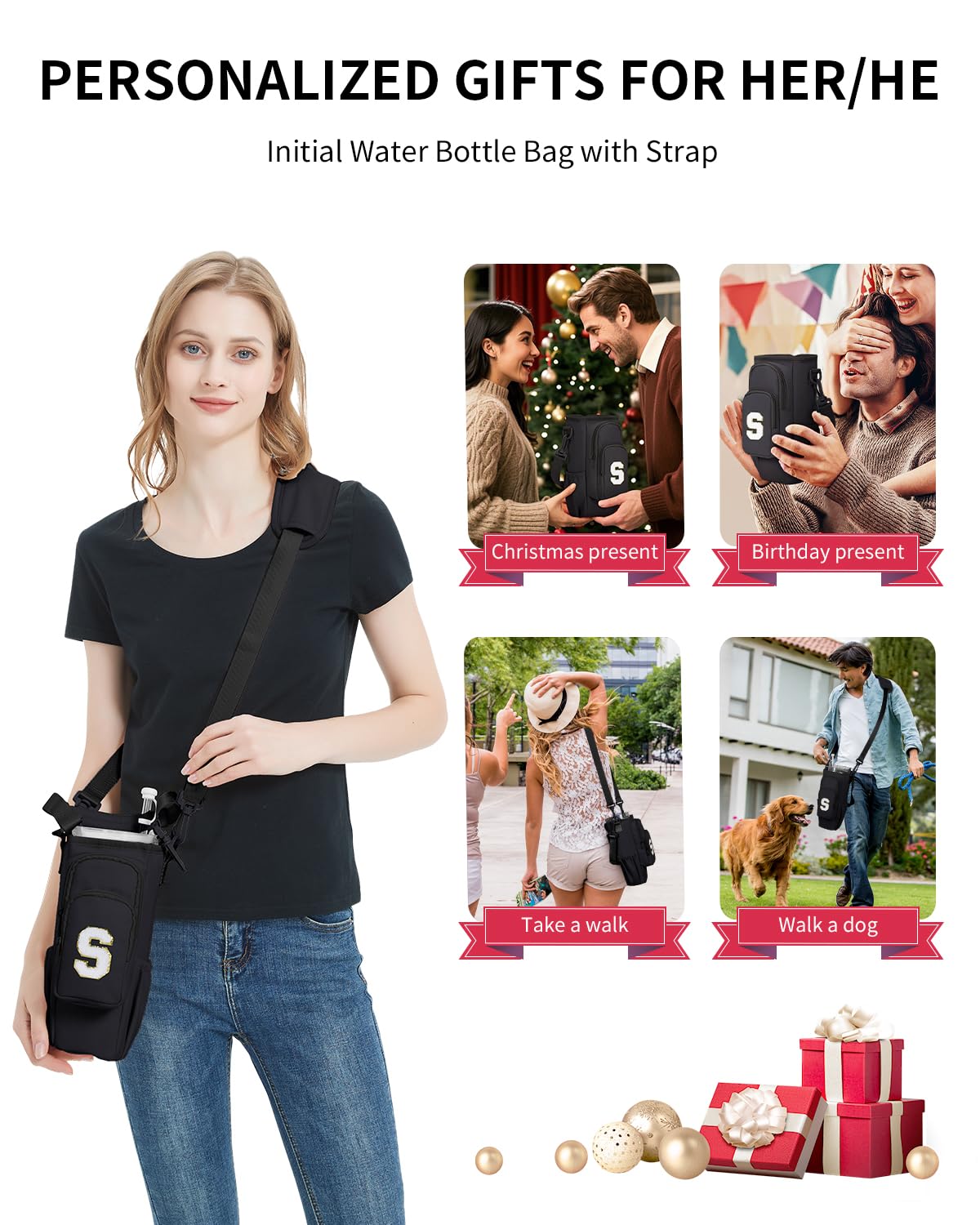 sportsnew Birthday Gifts for Women Personalized Initial Water Bottle Holder with Strap fits Most 40oz Tumbler with Handle Water Bottle Carrier Bag with Phone Pocket & Straw Topper Tumbler Accessories
