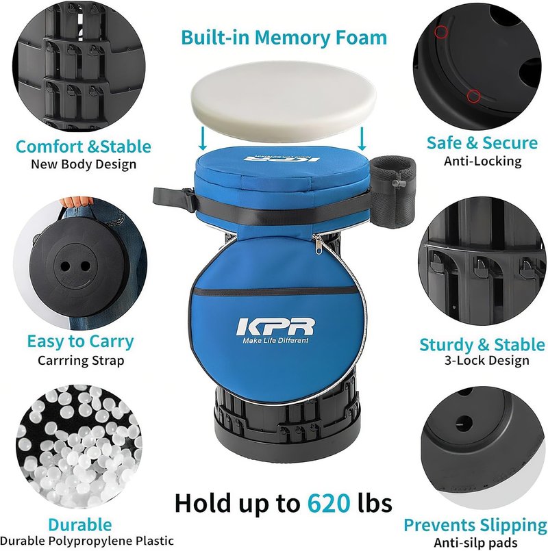 KPR 2026 Upgraded Collapsible Stool & 3IN1 Cushioned Carry Bag, Portable Telescopic Camping Chair, Adjustable Height Folding Step Stool Retractable Seat or Footrest for Outdoors & Indoor, Max 620lbs