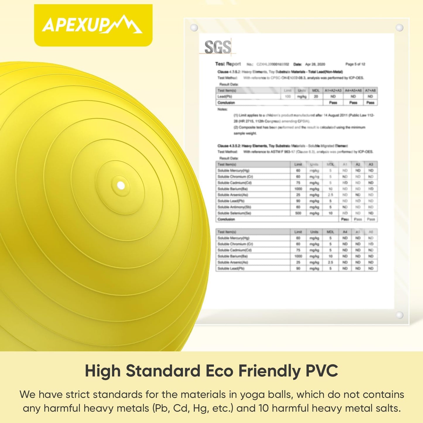 APEXUP Yoga Ball, 660 lbs Anti-Burst Exercise Ball with Pump, 5 Sizes (S (15"~18") 45cm, Yellow)