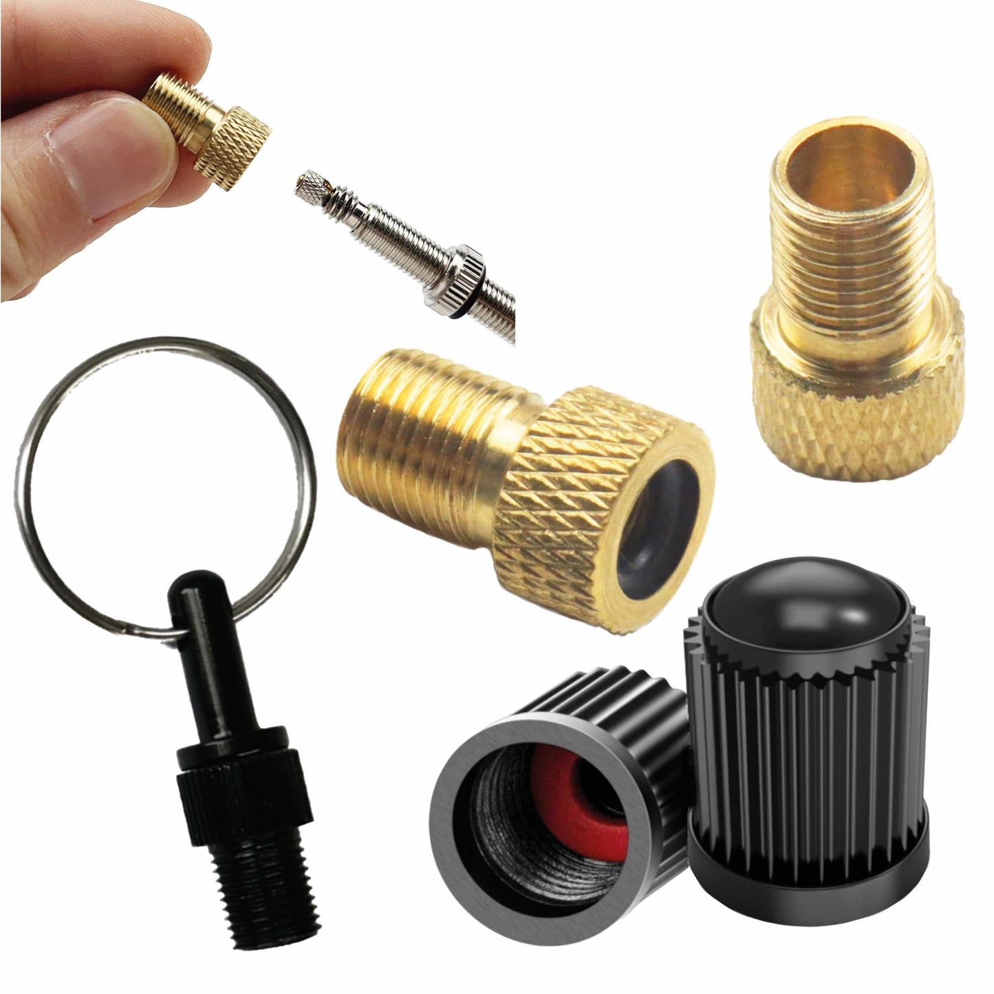 Pitlane Performance® Bike Valve Adapter Set – Brass Adapters for Presta Valves – 2 Presta-to-Schrader Adapters + 2 Valve Caps for Bicycles, E-Bikes & Scooters (Set of 5 (Including Keychain))