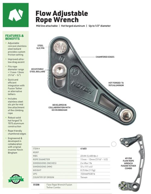 Notch Flow Adjustable Rope Wrench has Adjustable concave Stainless-Steel Bollard Providing Custom Friction Settings, Fits Rope Diameters 11-13mm (7/16–1/2”) MBS: 5,400 lbs. (23kN) (41603)