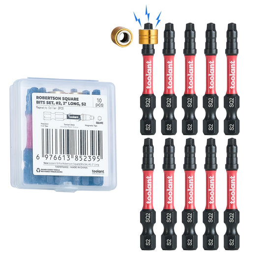 toolant Square Drive Bit Set, Square Impact Driver bits S2 Steel, Robertson Driver Bits Magnetic CNC Tips, Square 2 Impact Bit 1/4" Hex-Shank with Storage Box, 10pcs SQ2 2" Long