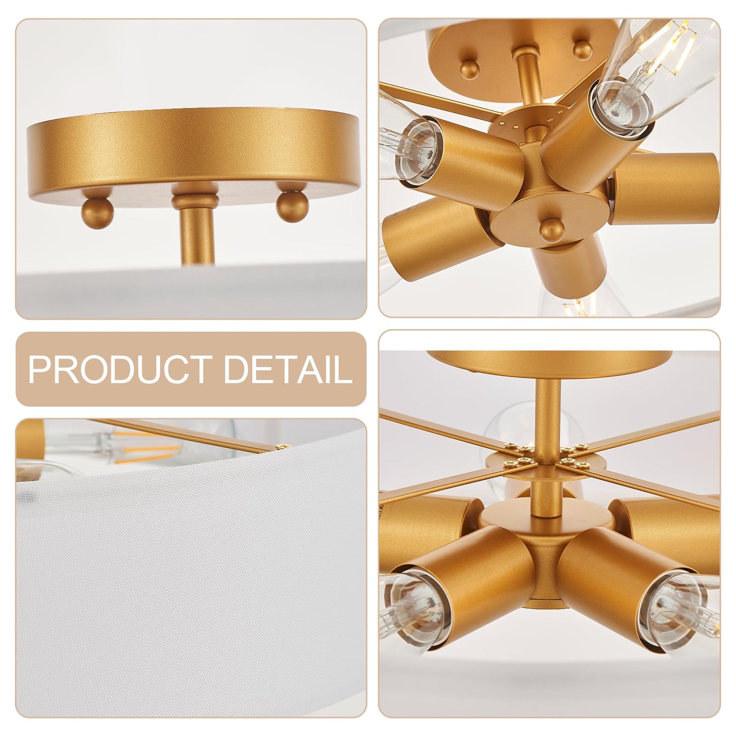 VILUXY Gold Semi-Flush Mount Ceiling Light Fixture with 24" Large White Fabric Drum Shade 5-Light for Bedroom Dining Room Entryway Round Ceiling Lamps