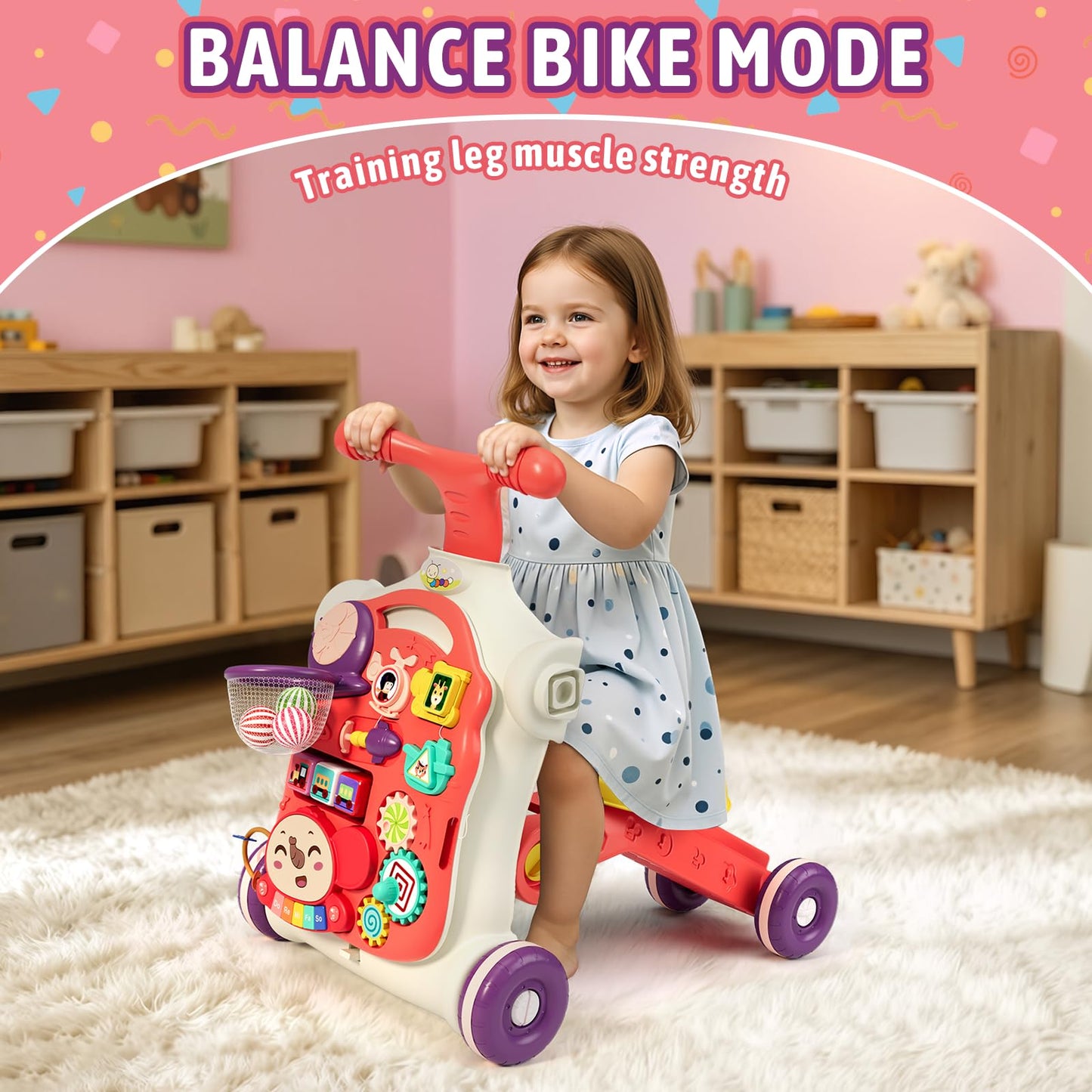 HYES Upgraded 5 in 1 Baby Walker and Activity Center for Baby Girl, Learning to Walk, Sit to Stand, Early Learning Push Toys for Infant 12 Months, Walking Toys Gift for Toddler Girls, Red