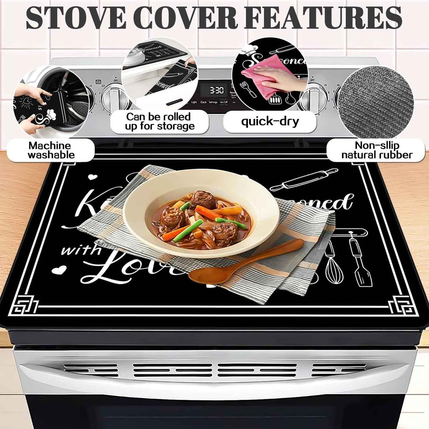 Black Stove Cover, Kitchen is Seasoned with Love Heat Resistant Glass Top Stove Cover Protector 28x20 inch, Cooktop Cover for Kitchen, Ceramic Stove Top Dish Drying Mats