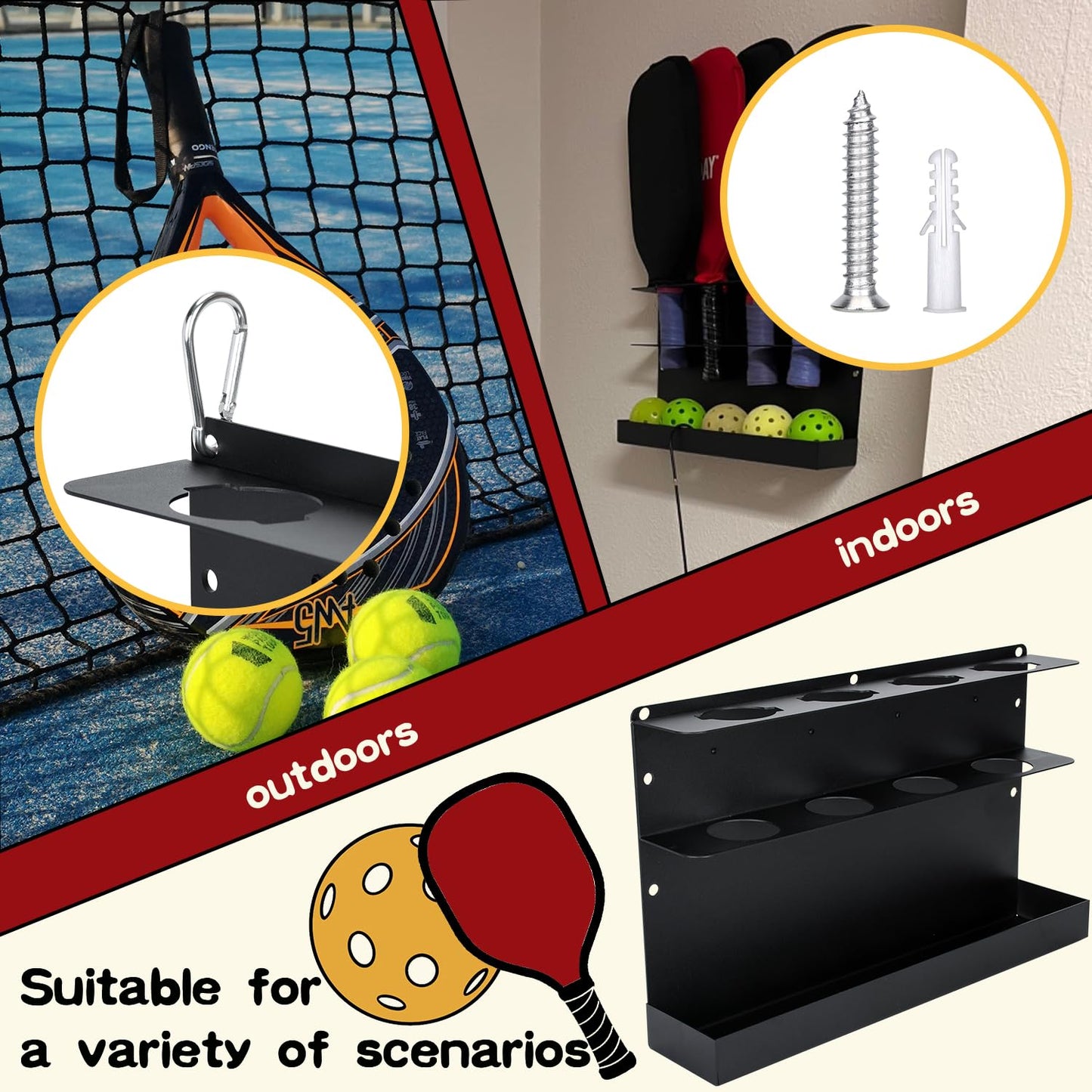 TOPOWN Pickleball Paddle & Ball Rack - Heavy-Duty Steel, Holds 4 Paddles & 4 Balls, Fence & Wall Mount