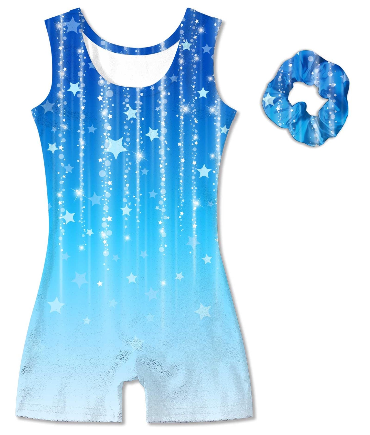 Vogseek Gymnastics Leotards for Girls Size 10 Blue Stars Sparkle Ballet Dancewear Sets with Hair Scrunchine Quick Dry Drift 2PC Classic 3D Printed Shiny Dots Tumbling Outfits