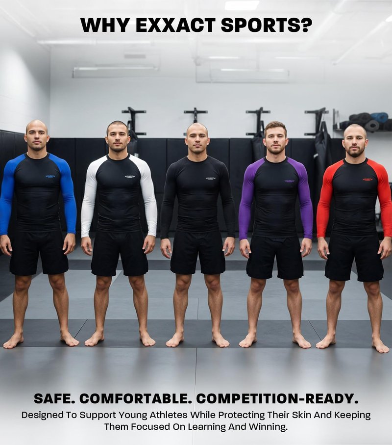 Exxact Sports Men’s BJJ Rash Guard Long Sleeve, IBJJF Ranked No Gi Jiu Jitsu Compression Shirt for MMA Grappling & Wrestling - (Black/Purple, AM)