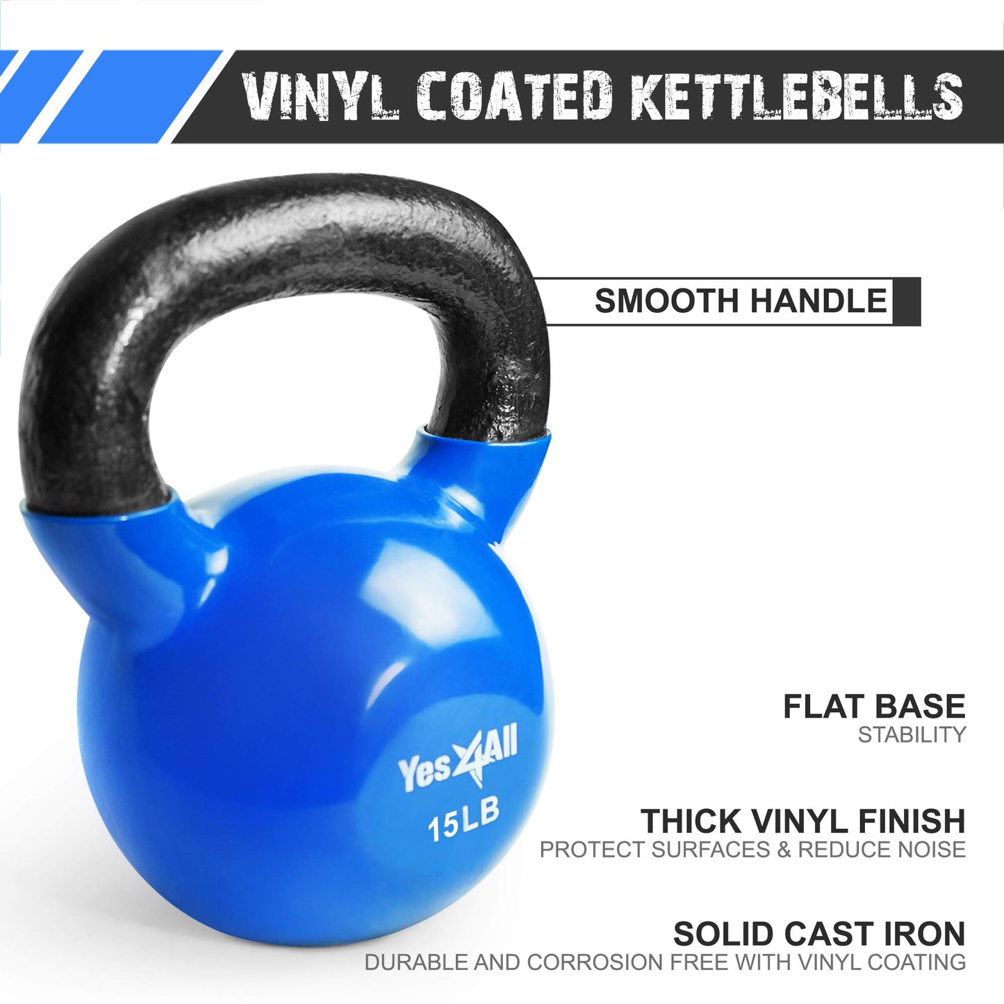 Yes4All Kettlebells 15 20 25 lbs Set Weight Vinyl Coated Cast Iron for Dumbbell Weights Exercises, Gym, Fitness, Full Body Workout Equipment Push up, Grip and Strength Training, Blue