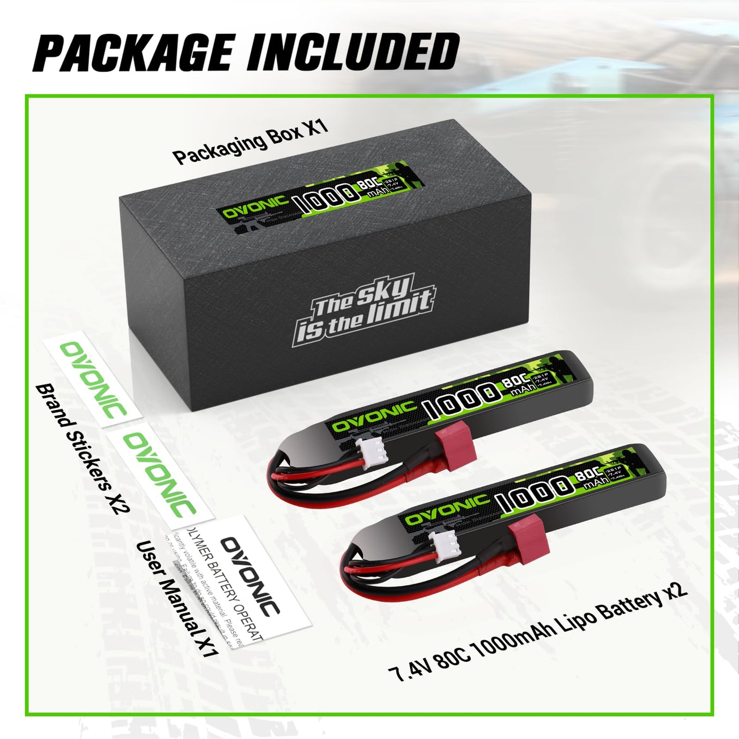 OVONIC 2s Lipo Battery 7.4V 1000mAh 80C with Dean-Style T Plug Lipo Battery for Airsoft Guns(2PCS)