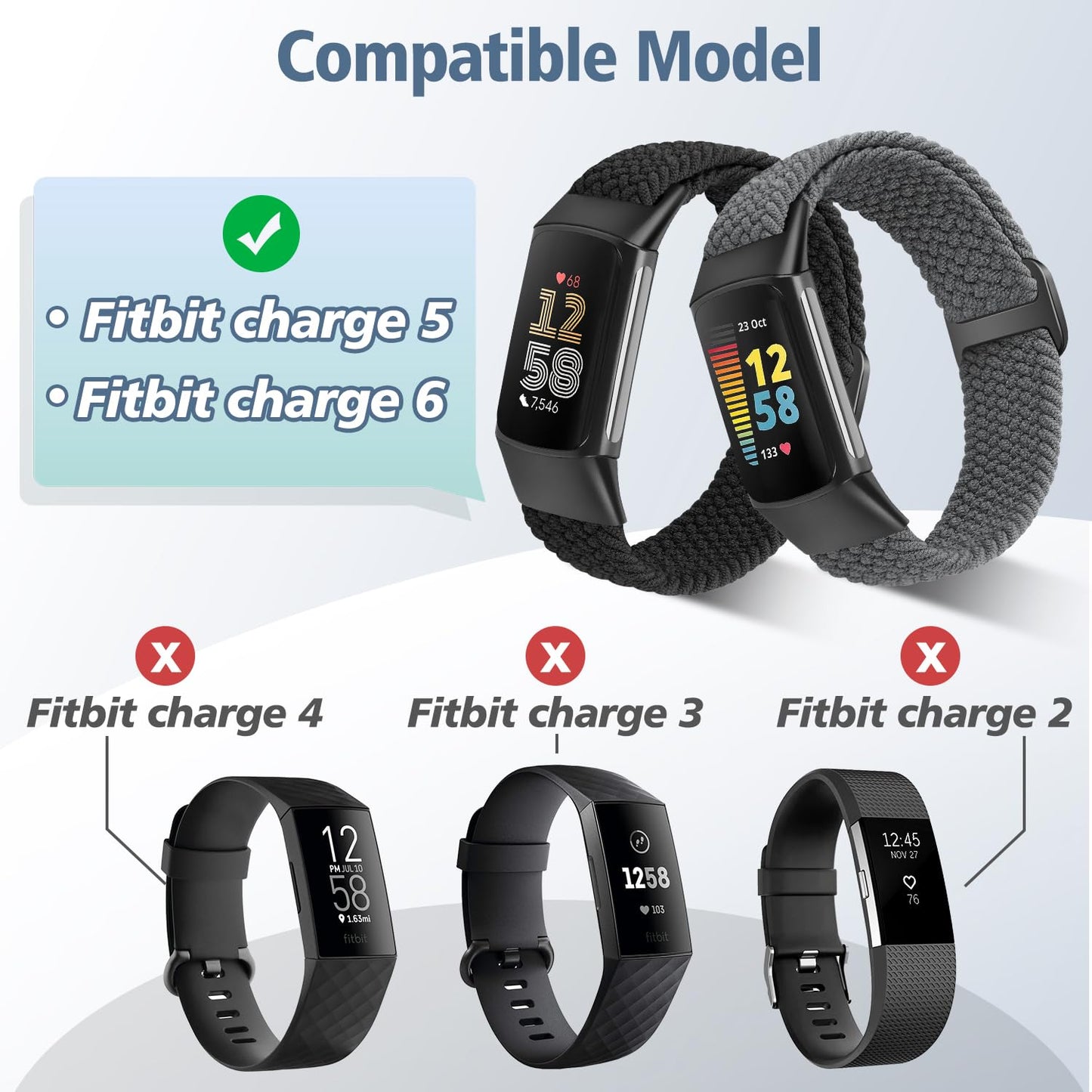 VNDAPT Elastic Braided Bands Compatible with Fitbit Charge 5/Fitbit Charge 6 for Women Men, Breathable Adjustable Stretchy Nylon Loop Sport Replacement Wristbands for Fitbit Charge 6 Charge 5 Straps