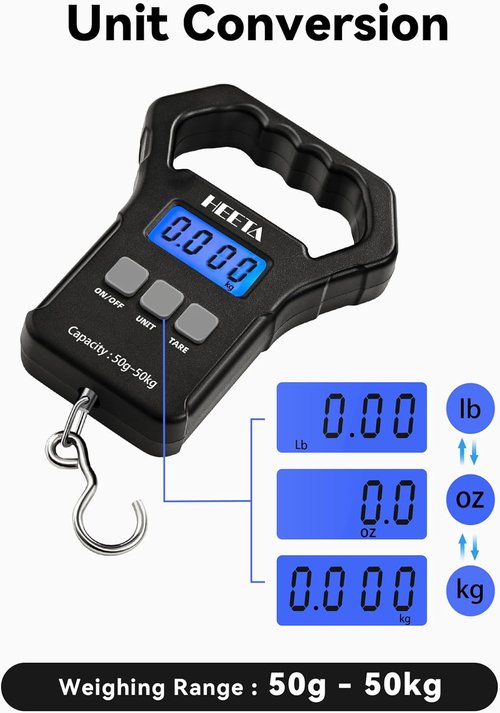 HEETA Digital Fishing Scale - 110lb/50kg Capacity, Backlit LCD, Non-Slip Handle & Hook | Perfect Fishing Gift for Men