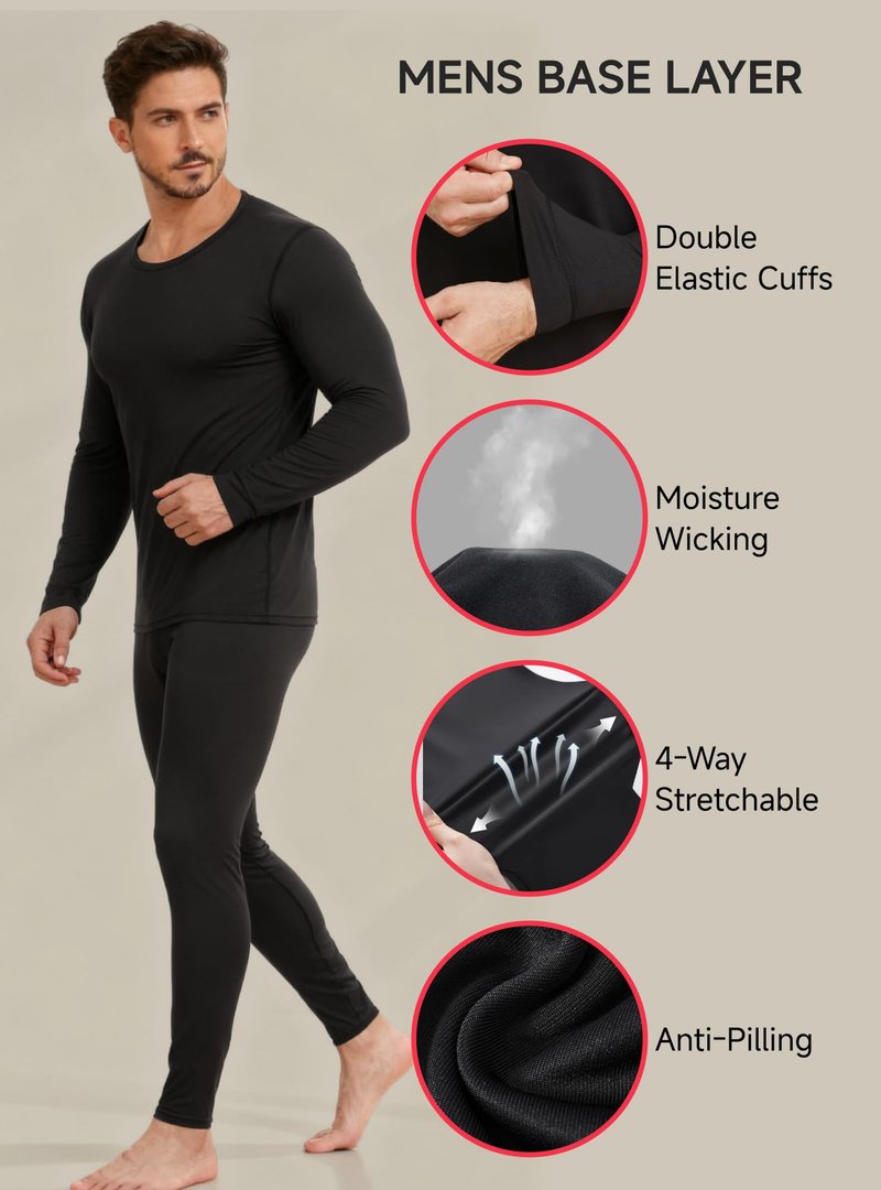 TRENDOUX Winter Thermal Clothes Set with Fleece Lined, Lightweight Wool Long Johns Thermal Shirt for Men Indoors, Skiing Base Layers Pants Mens - Black XL