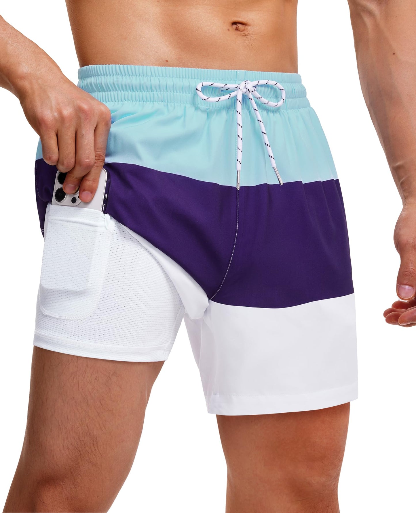 Gleeease Men's Swim Trunks with Compression Liner Mens Beach Shorts 5 inch with Pockets Drawstring 2 in 1 Quick Dry Stretch Lined Funny Beach Swimming Pool Blue Line Medium