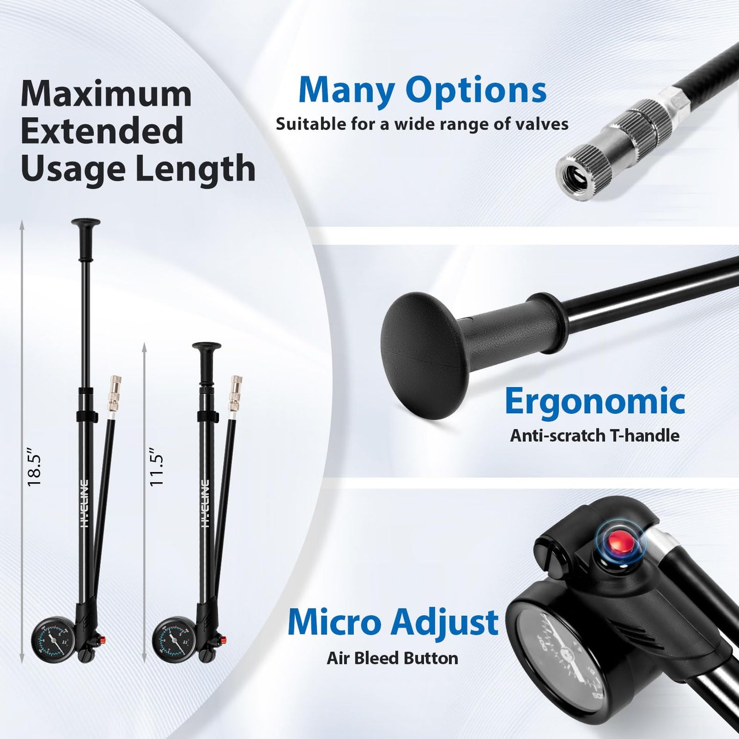 Hycline High Pressure Shock Pump with Gauge: 300 PSI Bicycle Pump for Front Fork & Rear Suspension - Mini Pump with Air Bleed for Road Mountain Bike Fits Schrader & Presta Valve - Black