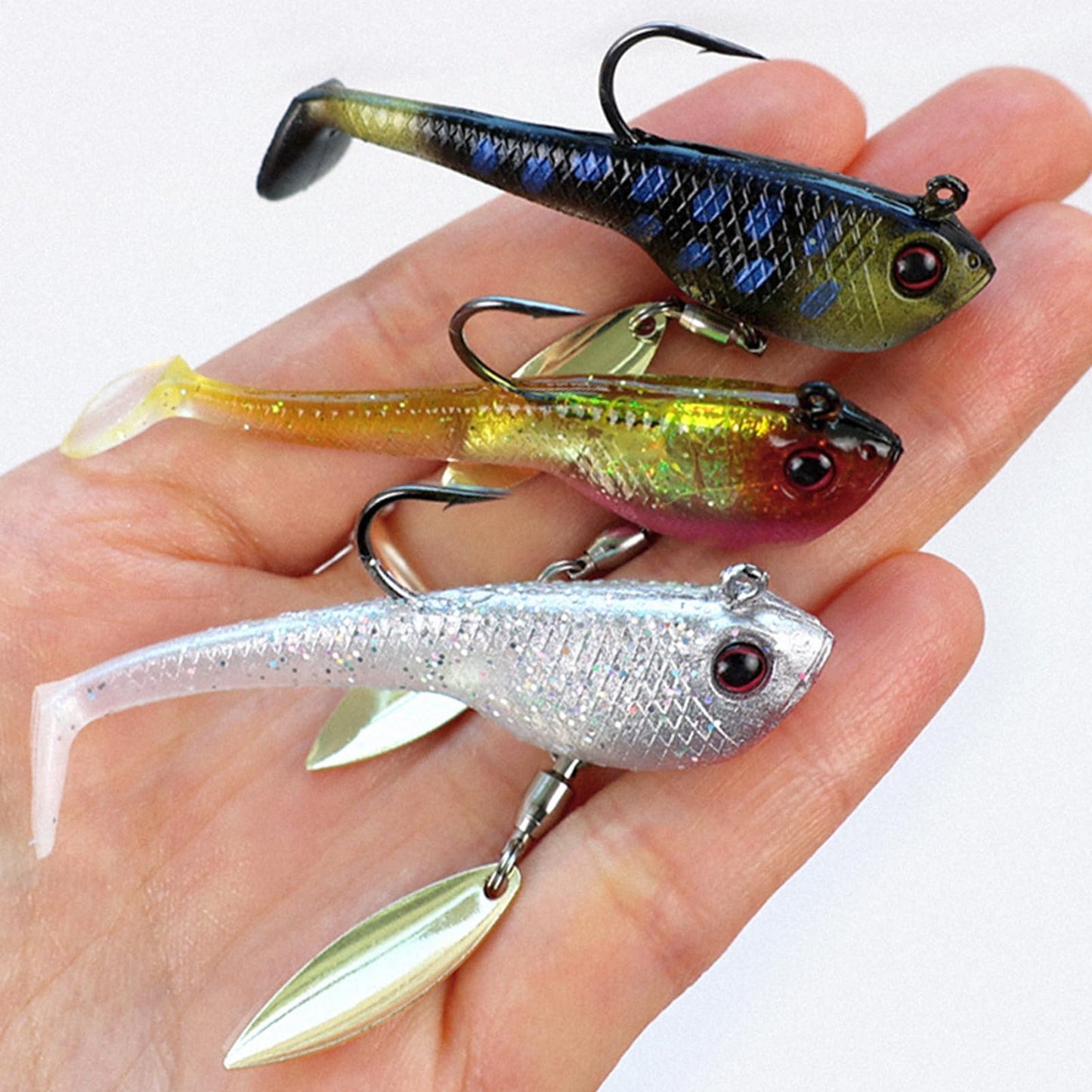 FREE FISHER 6Pcs Pre-Rigged Soft Lures Jig Head Paddle Tail Swimbaits with Spinner Blades for Bass Trout Walleye Crappie Fishing 2.6in/0.4oz