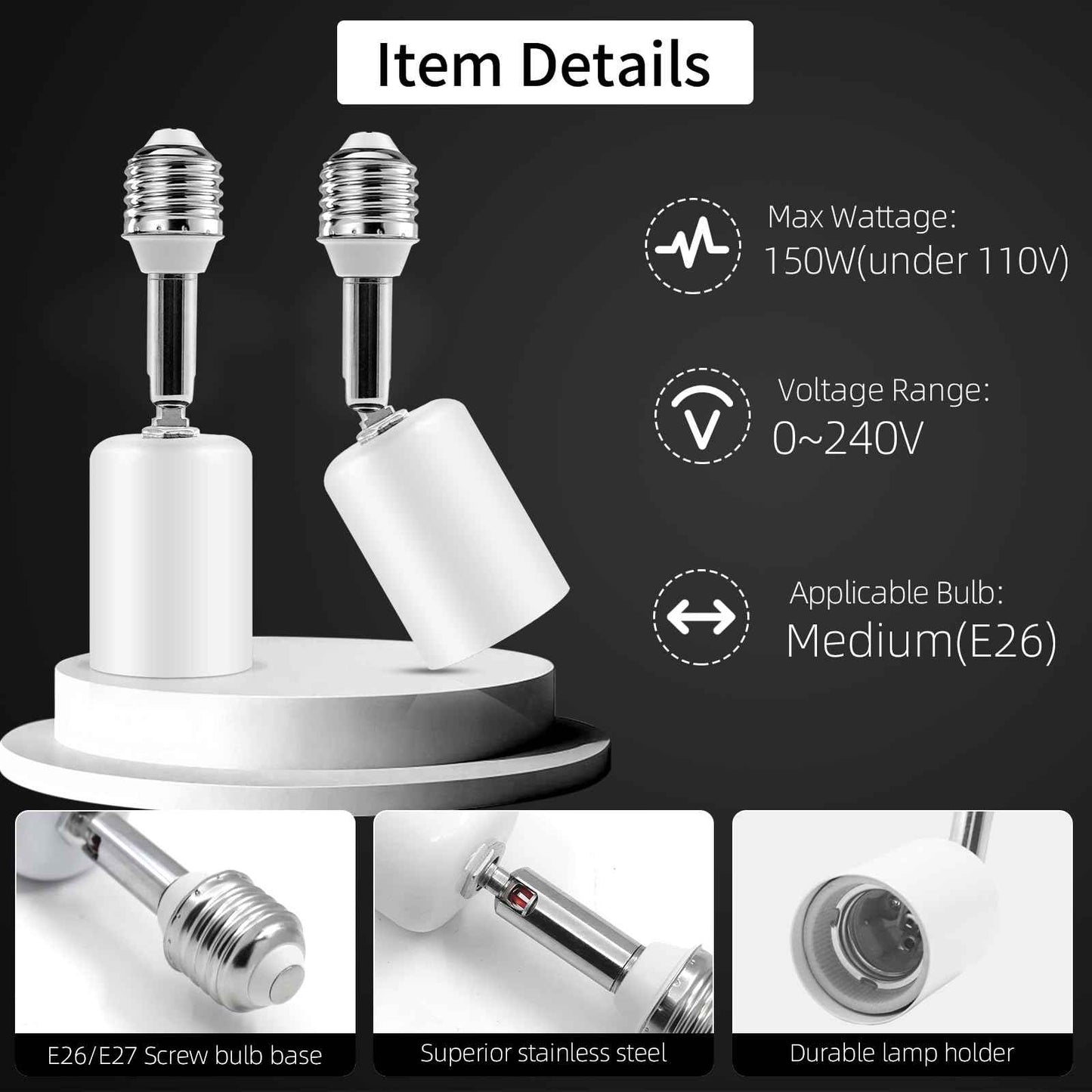Ceramic E26 Light Bulb Socket Extender - 5.5inch Long - 90 Degree Angle Adjustable- 150W Max and Fire-Resistant - Light Extension for Medium Bulb Socket (2)