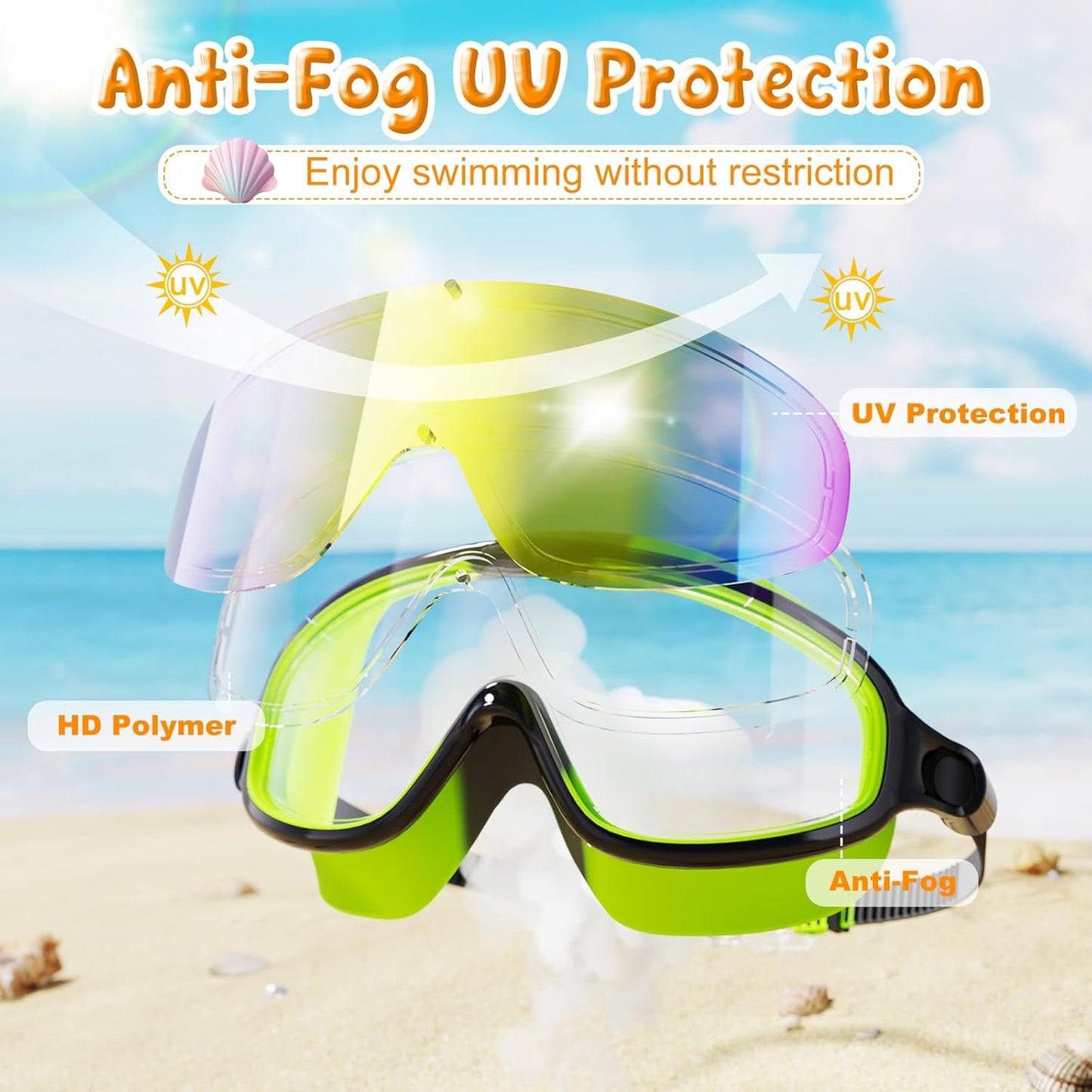 VegoVia Kids Swim Goggles - Anti-Fog UV Protection | Wide View for Ages 3-15, 2 Pack