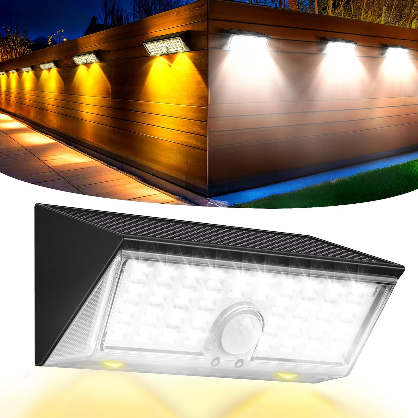 4-in-1 Solar Motion Lights Outdoor - 150° Wide Angle, 4 Modes, White & Warm Light, IP67 Waterproof, Fence, Wall, Step & Deck Light for Yard, Garden, Pathway