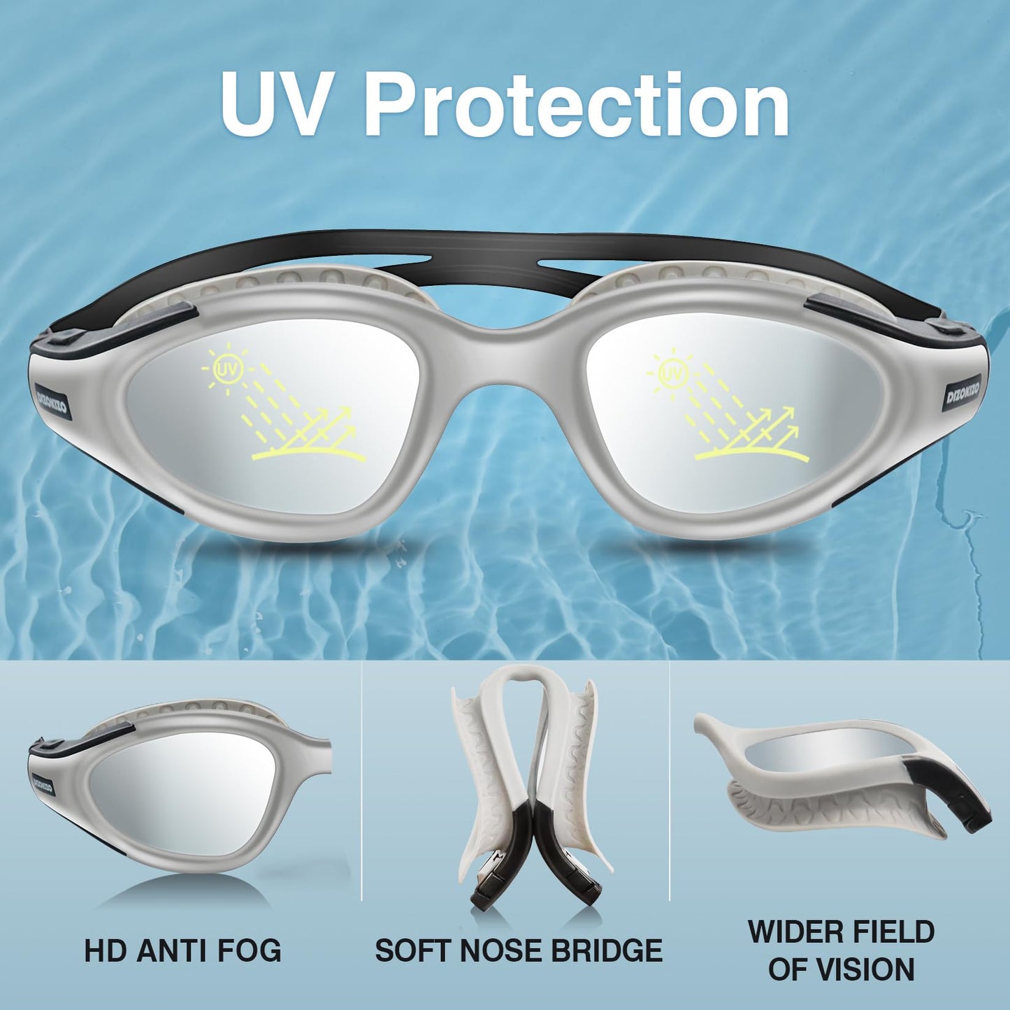 Dizokizo Swimming Goggles UV Protection Anti-Fog No Leaking Swim Goggles Easy to Adjust for Adult Men Women