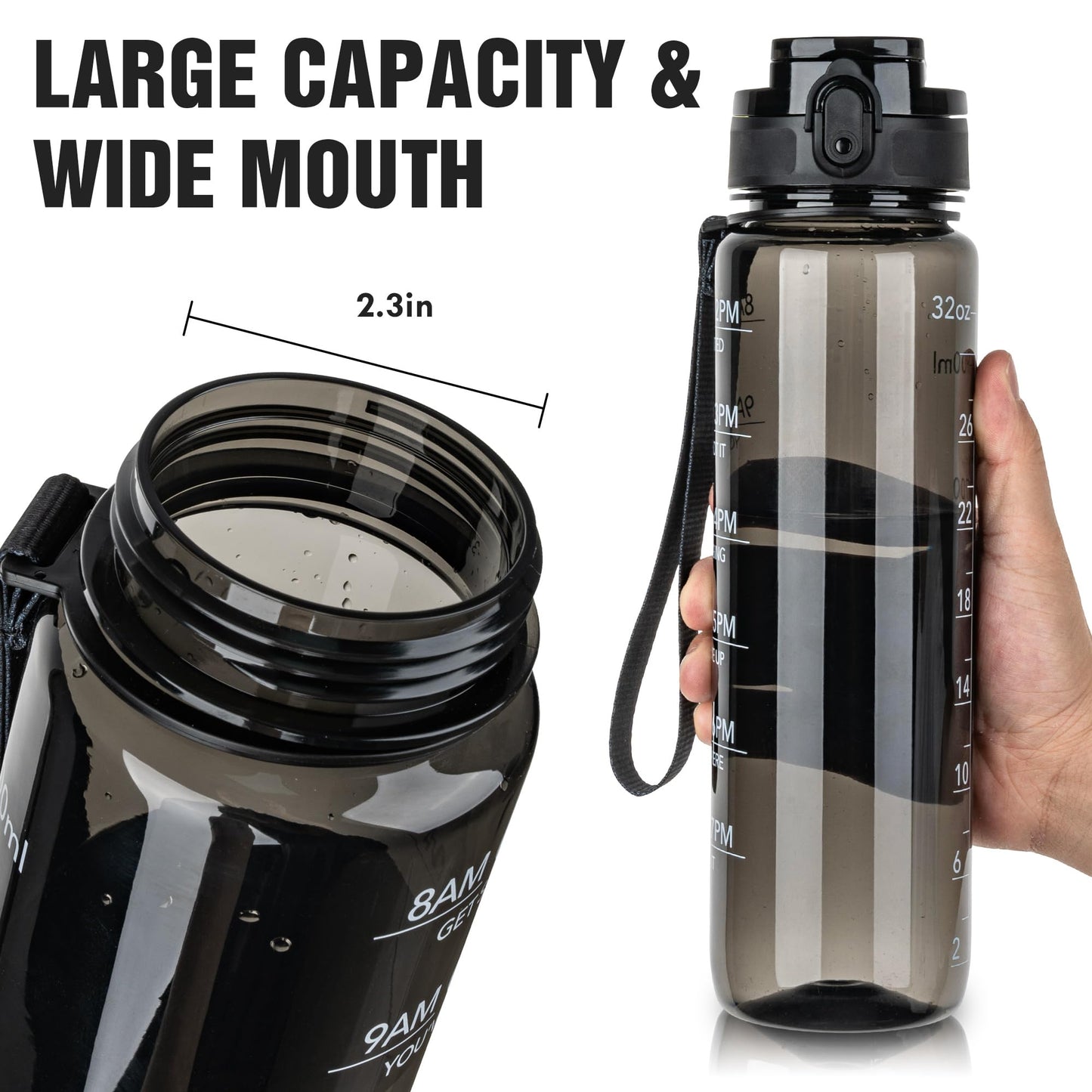 OLDLEY Water Bottle 32oz, Durable and Leakproof Water Bottles Motivational with Time Marker, Tritan, BPA Free, Wide Mouth, Gym, Travel, Home, School, Office, Clear Black