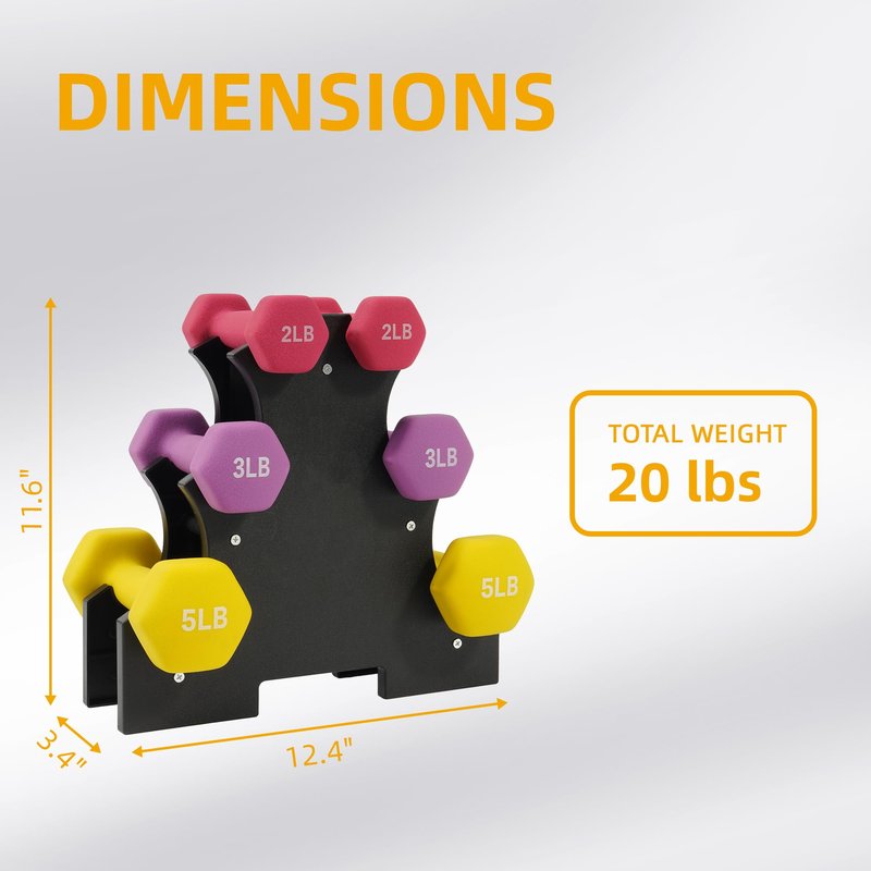 Fitvids Colored Neoprene Dumbbell Set with Rack, 20LB Set: 2/3/5LB Pairs, Color Series