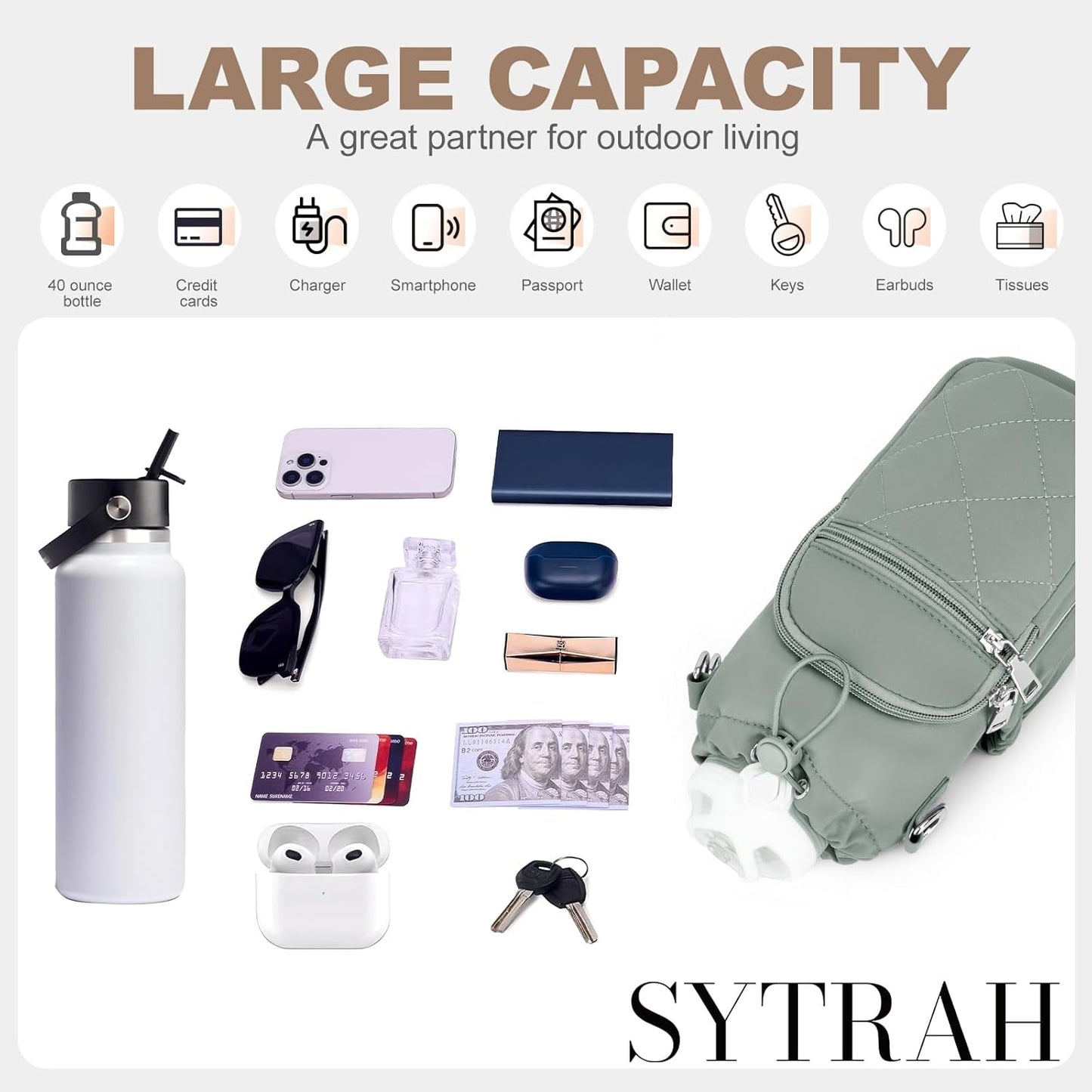 SYTRAH Water Bottle Carrier Bag - 40oz Purse with Strap & Phone Pocket for Hiking & Walking