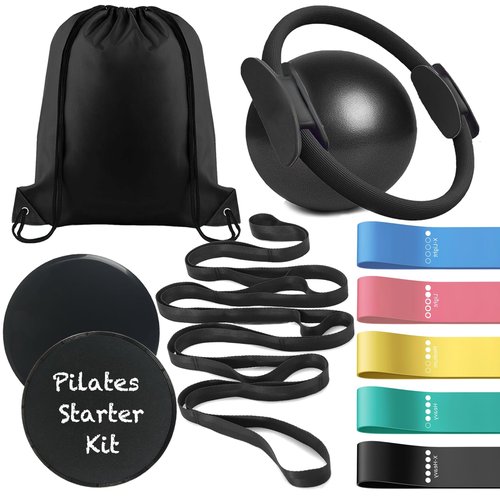 Pilates Essentials Kit for Home Workouts Women, Black Pilates Equipment Set with 9 Inch Yoga Ball, Pilates Slider, Resistance Band, yoga straps for stretching, Pilates Ring and Ball Set for Beginners