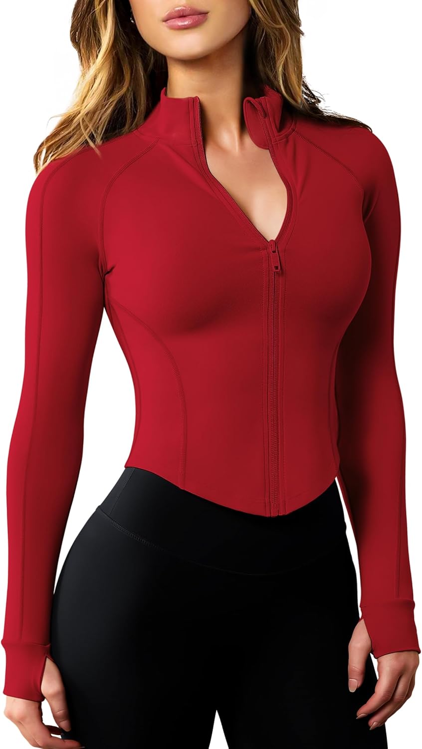 AVGO Women's Lightweight Zip-Up Workout Jacket - Slim Fit Cropped Yoga Top with Thumb Holes